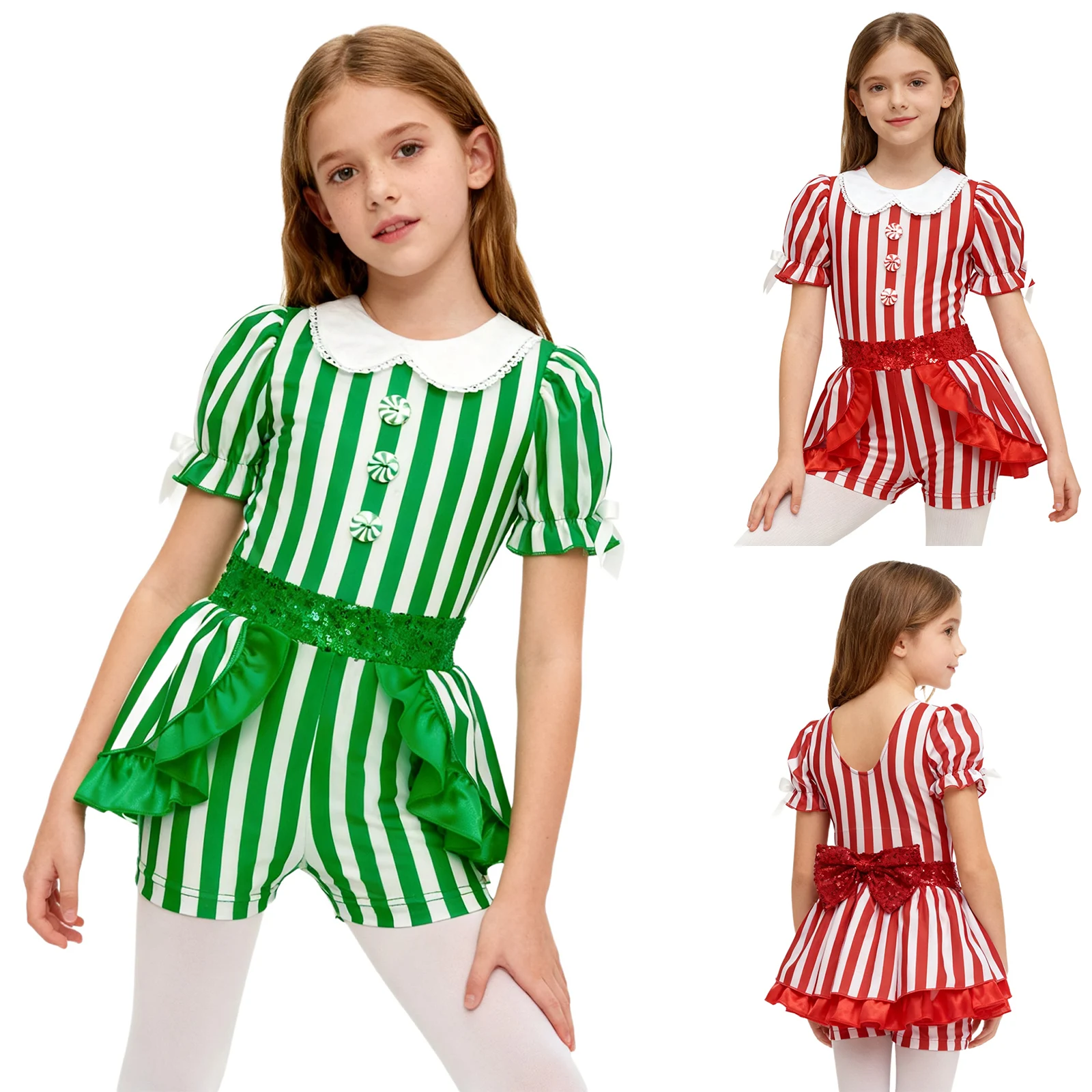 

Рождественский костюм Миссис Санта-Эльфа для девочек, костюм с короткими рукавами и блестками, конфетная трость в полоску, комбинезон для балета, танцев, катания на коньках, гимнастические трико