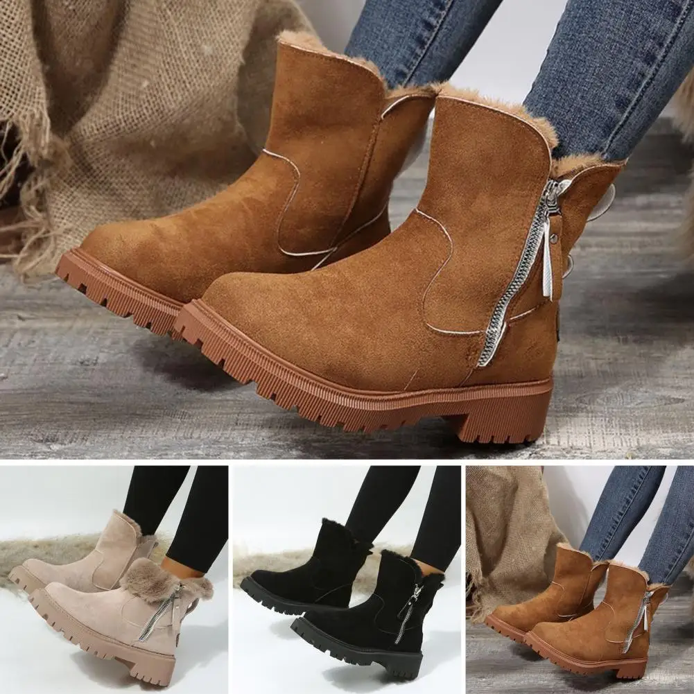 Faux Suede Short Boots Women’s Faux Suede Winter Ankle Boots with Fuzzy Cuffs Anti-slip Thick Soles Side Zipper Short for Wear