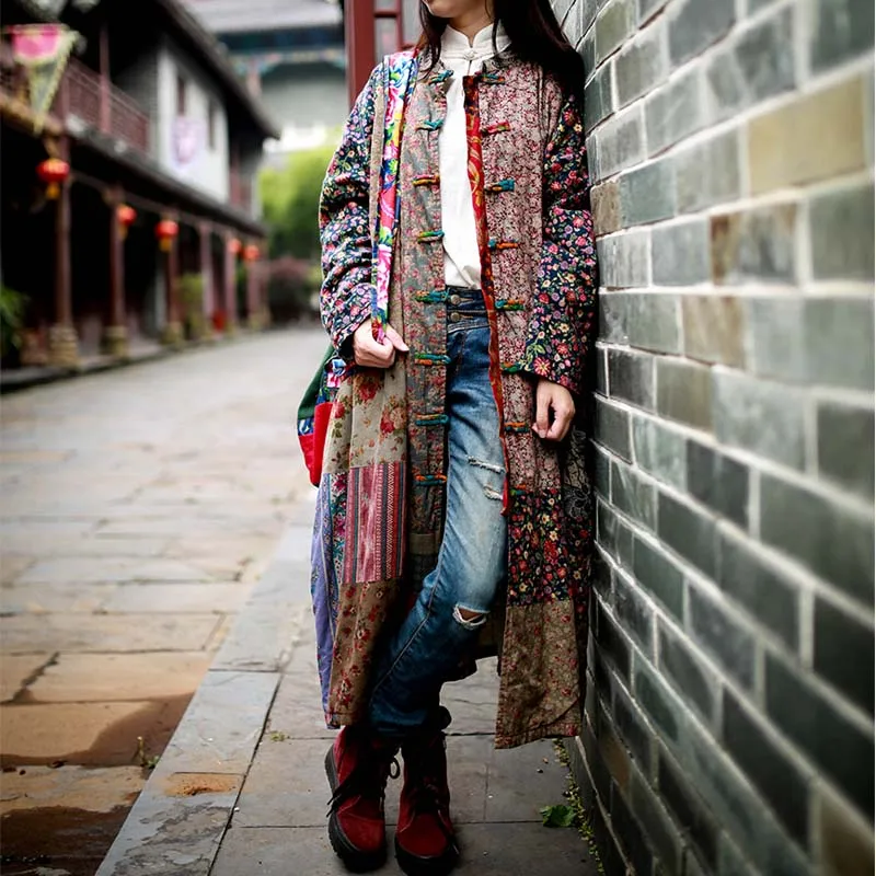 Big size Vintage Cotton Linen Long Mid-calf Coat Women Flower Loose Chinese Style Outerwear Long Sleeve Patchwork Dresses