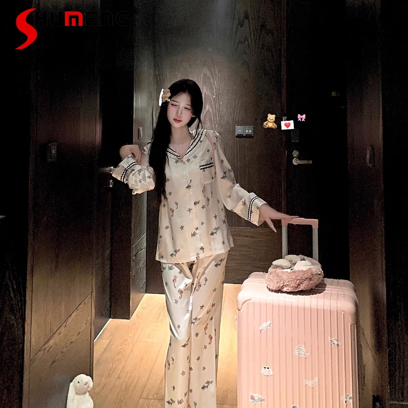 

Весенне-осенние милые пижамы с героями мультфильмов для девочек, женские милые темно-синие воротники из ледяного шелка, домашняя одежда, костюмы, женский комплект домашней одежды с длинными рукавами