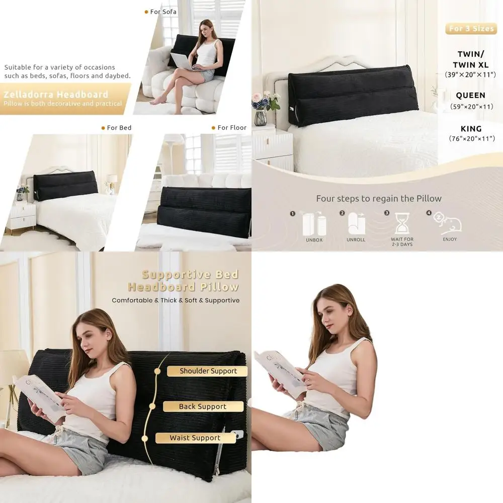 

Подушка из пены с эффектом памяти для изголовья Queen, идеально подходит для чтения или сидения, со съемным чехлом, черная