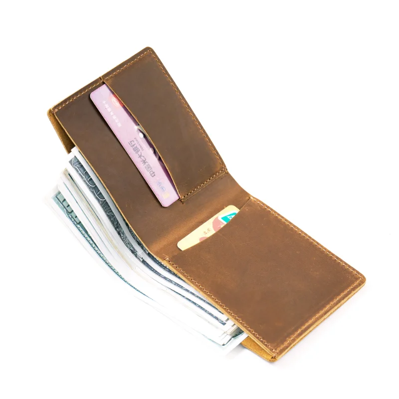 Venta caliente logotipo personalizado estilo Simple hecho a mano de cuero de grano completo conjunto de billetera de regalo Crazy Horse hombre Cartera de cuero de vaca genuino