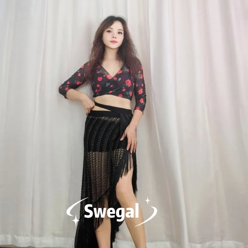 customized swegal belly dance practice outfit top single-sided off shoulder short sleeved black gold thread hole hip scarf skirt