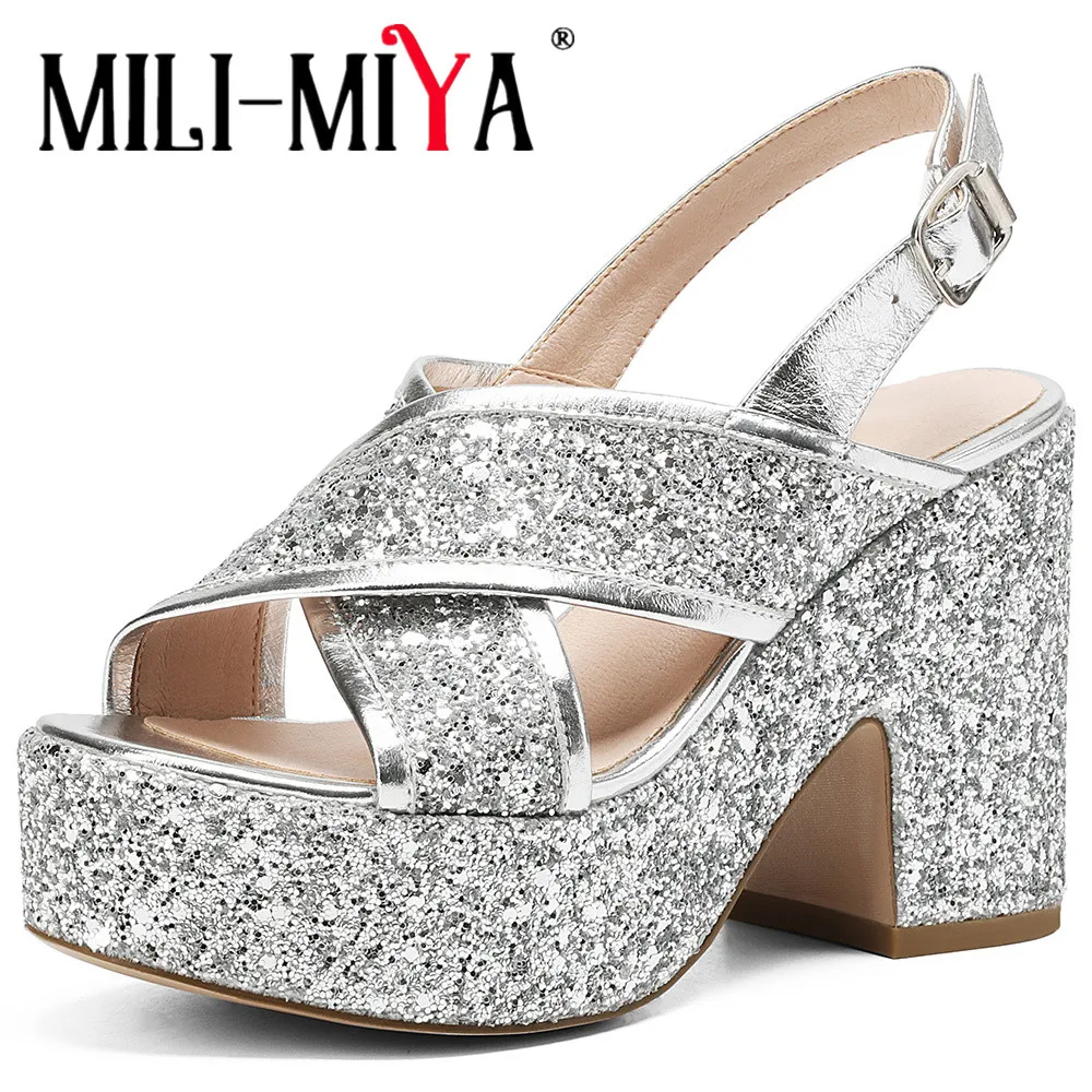 

MILI-MIYA Fashion Thick Heels Women Cow Leather&Sparkling Glitter Sandals Platform Round Toe Buckle Strap Dress Party Summer