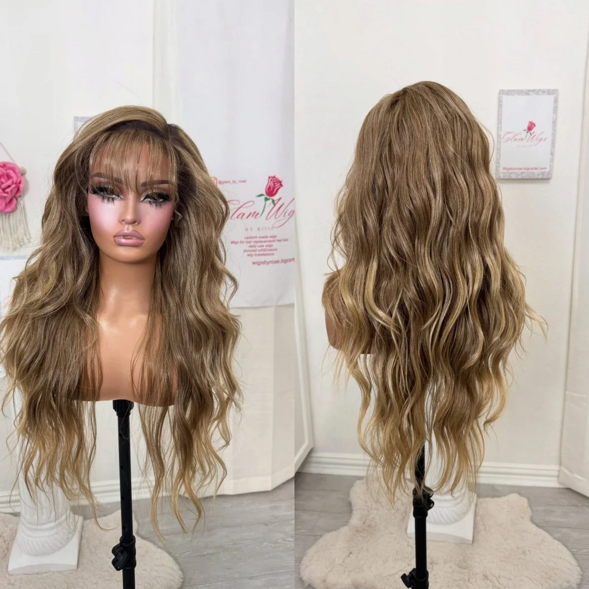 

Ombre Chestnut Brown Highlights Synthetic Lace Top Wigs Natural Loose Wave Full Wigs With Bangs High Quality Heat Resistant
