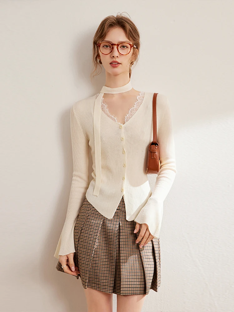 

Ele Romantic Sa Knitted Cardigan Women's Slim Fit V-Ne Lace Trim Spring 2025 New Arrival Casual Chic Sle Long Sve