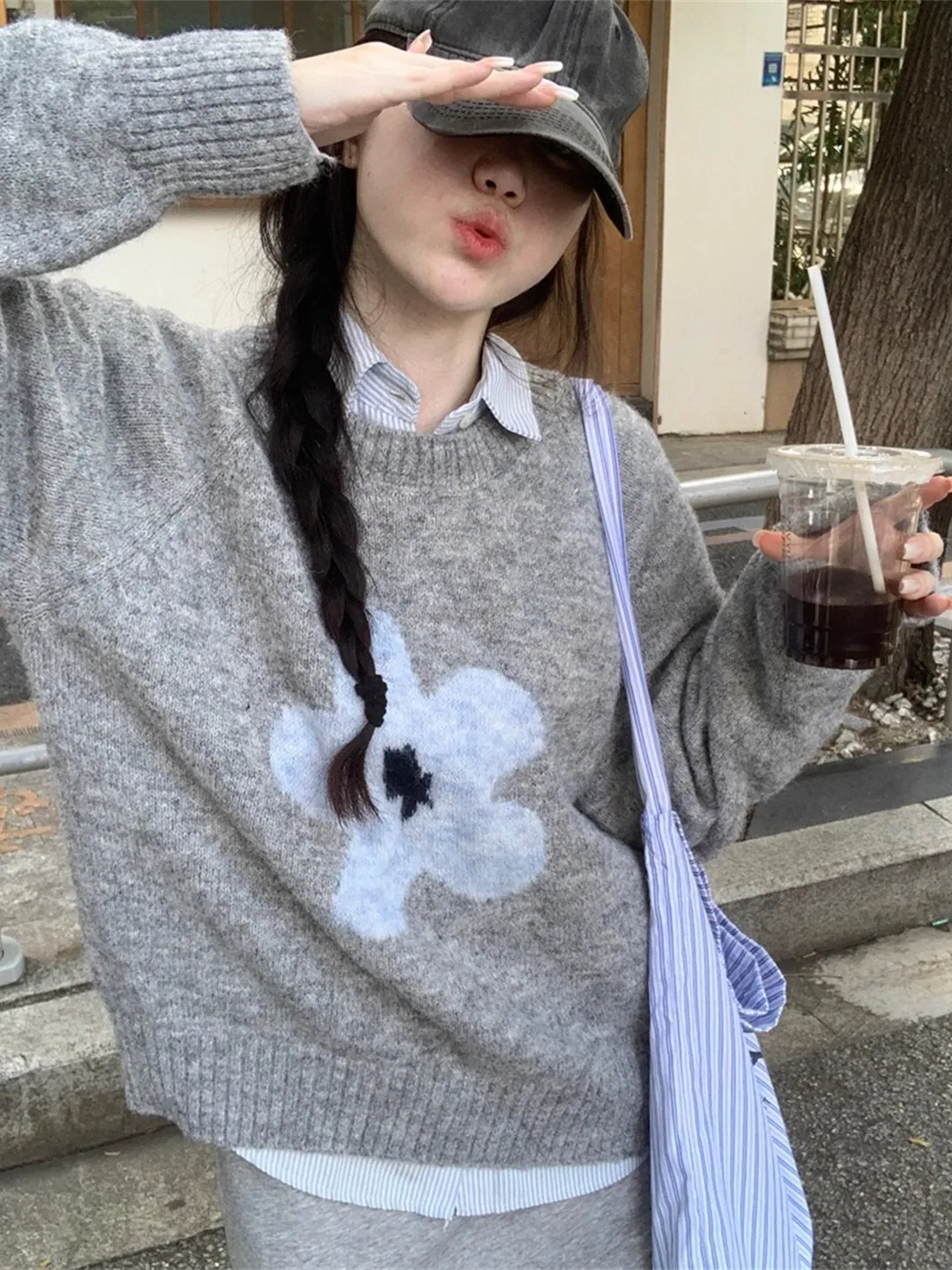 الكورية Sle Thiened رقيق محبوك سترة المرأة الخريف الشتاء فضفاضة تناسب الجولة Ne طباعة التطريز طويل Sve #4