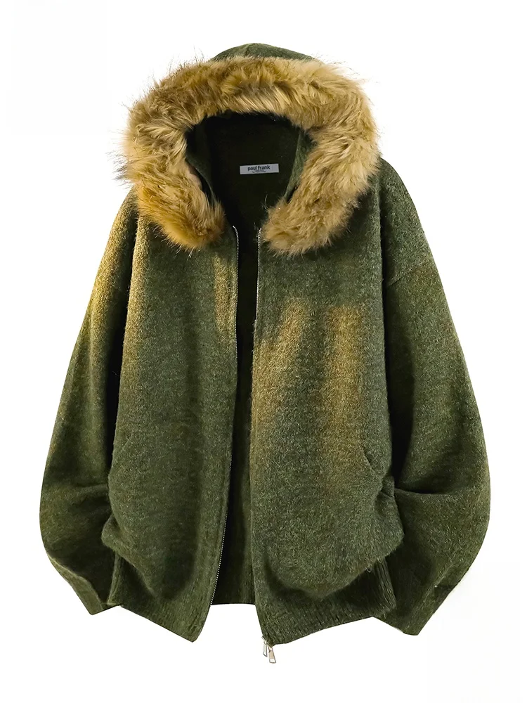 

PaulFrank Retro Monkey Hooded Knitted Open Cardigan Men's Loose Fit Autumn Sweater Jaet Polyester Nylon Wool Blend Warmth