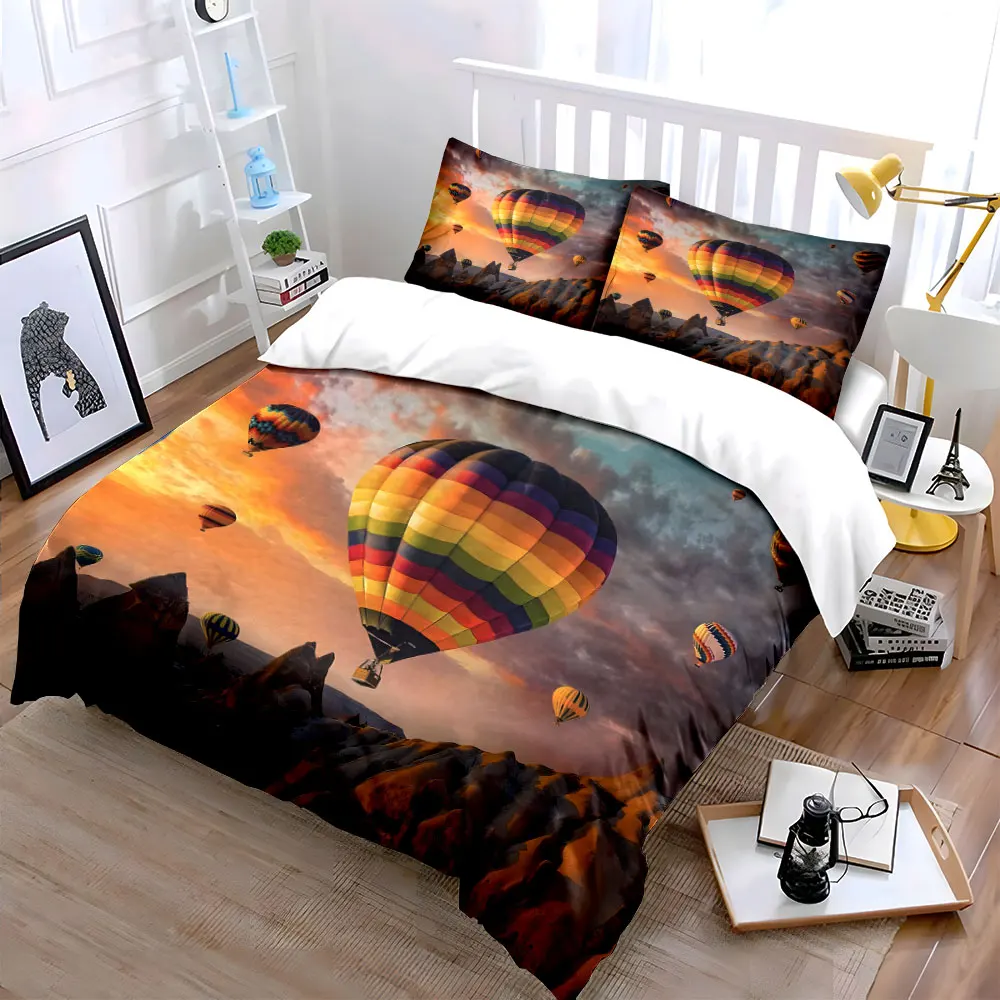 Cappadocia Hot Air Balloons Bedding Set,Colorful Balloons Over Rock Formations at Sunrise Print Duvet Cover+2 Pillowcases,gift