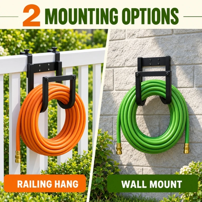 Metal Hose Hanger Rack with Two Curved Arms, Movable Over-Rail Clamps and Screw-Mounted Wall Placement for Keeping Coiled 87HA