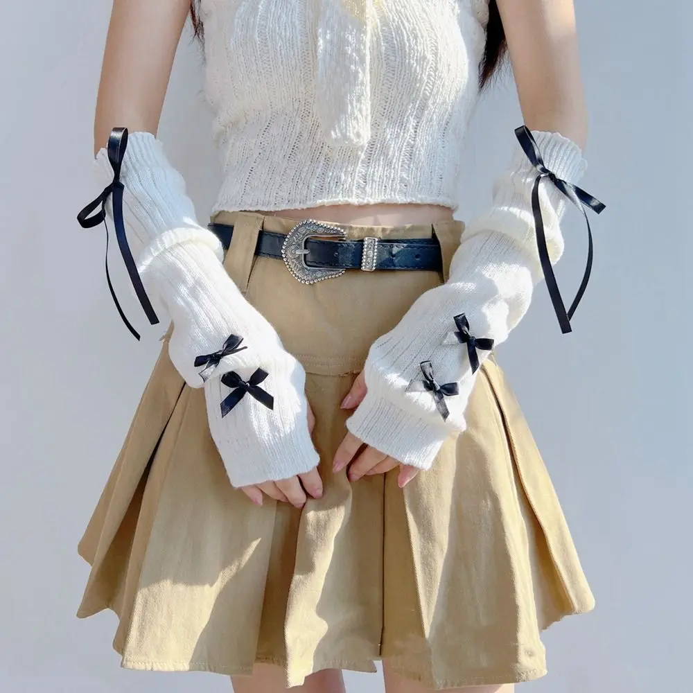 

Elastic Y2K Warm Sleeves Ribbon Bowknot Ballet Style Bow Knitted Arm Warmers Long Mittens Korean Style Fingerless Gloves JK