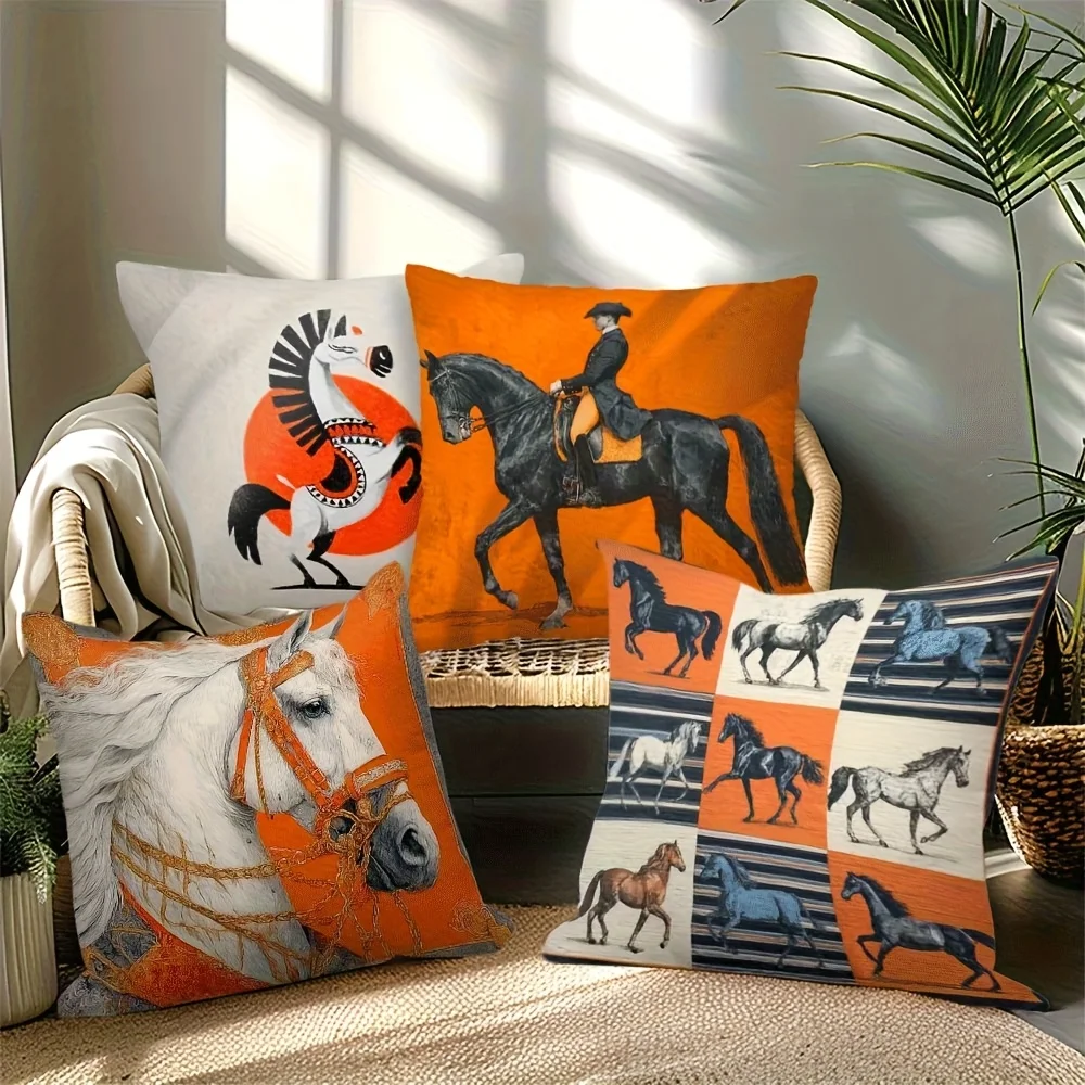 Orange black horse coloration digital printing pillow cover Short plush Suitable living rooms bedrooms sofas throw cushion cover