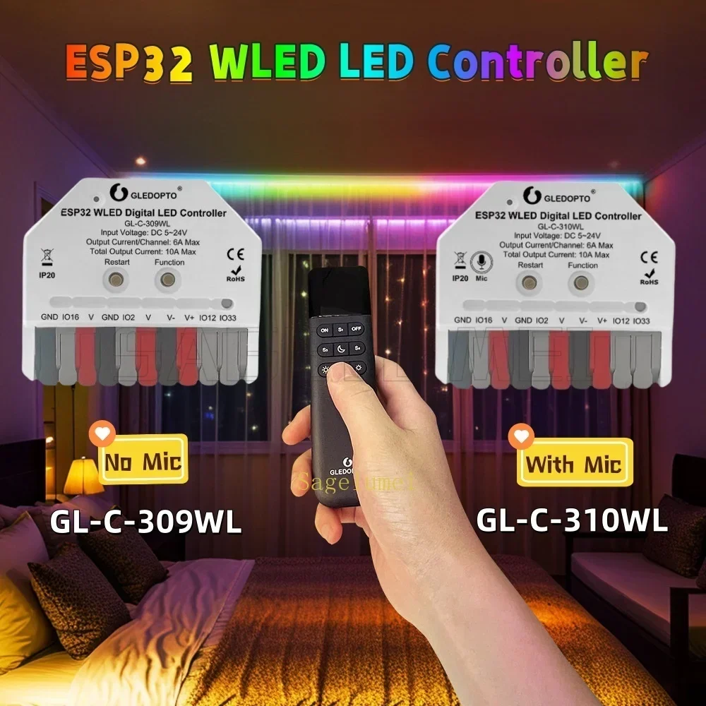 

ESP32 Мини WLED светодиодный контроллер GLEDOPTO Музыкальные динамические режимы Использование для WS2811 WS2812 SK6812 TM1814 WS2813 WS2815 Strip