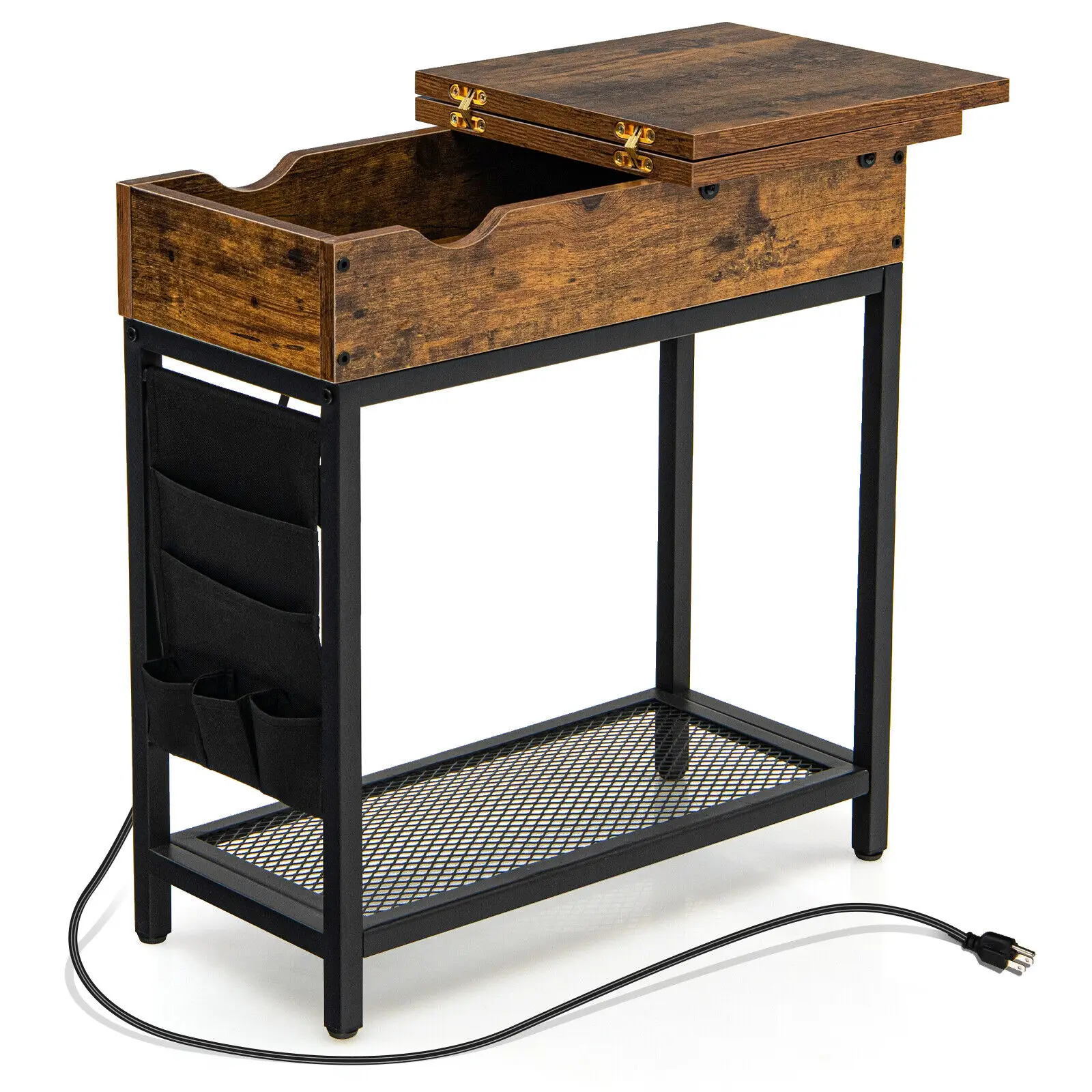 Costway End Table with Charging Station Industrial Nightstand Flip Top Side Pocket USB