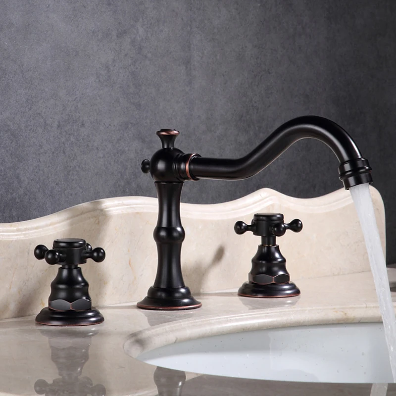 European Retro 3 Hole Basin Sink Faucet Dual Handle Hot and Cold Mixer Tap Antique Brass Bathroom Deck Mount Tap