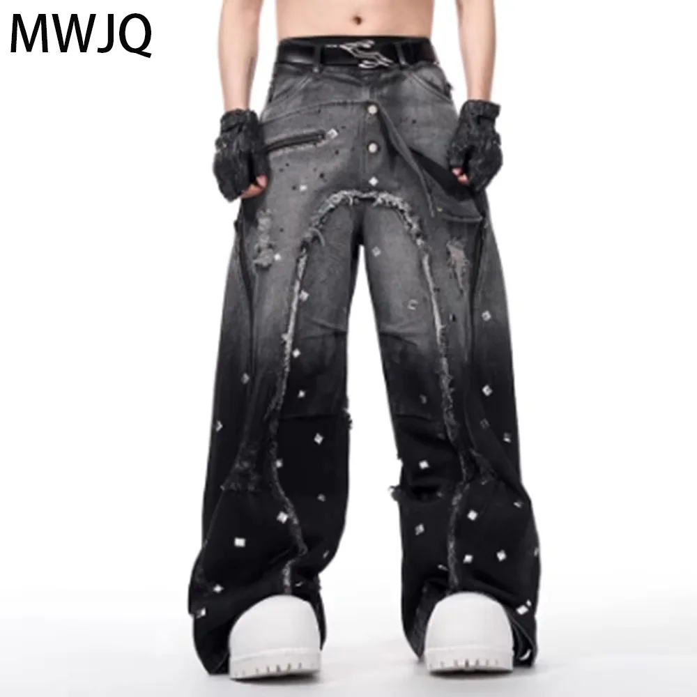 

MWJQ Heavy Rivets Double Waist Niche Jeans Men's Fake Two Piece Gradual Hole Rough Edge Street Distress Wide Leg Pants 010310