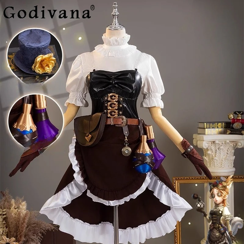 Nuevo conjunto de falda de uniforme de Halloween para mujer, trajes de perfumista de Identity V, sombrero femenino, accesorios para la cintura y las orejas, trajes de cuero sexys