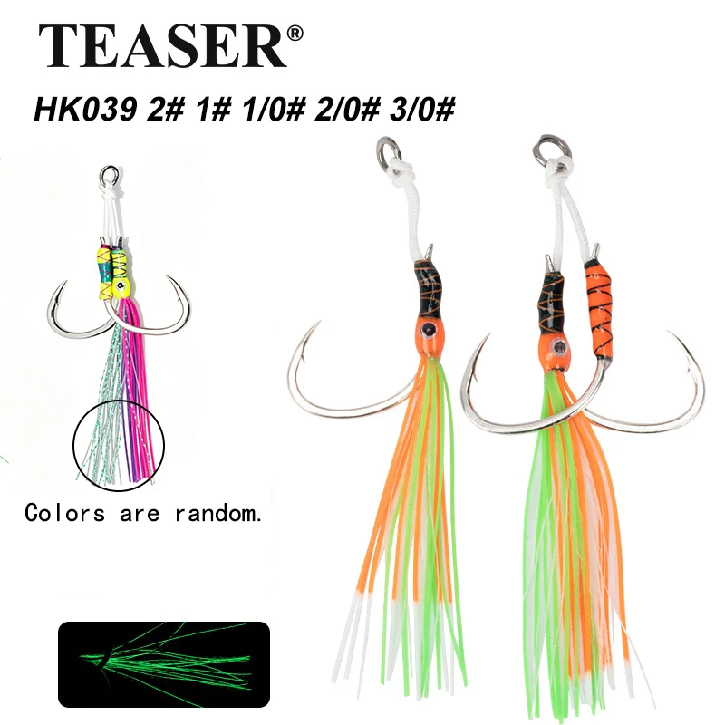 TEASER 2 Stück/Beutel Slow-Pitch-Jig Einzelhaken & Doppelhaken, Handgebunden mit PE-Schnur, Leuchtender Glow-in-the-Dark Köderhaken