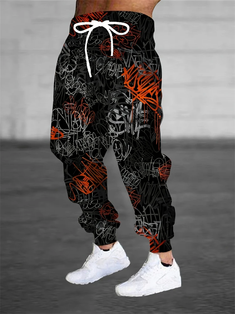 

2025 Spring/Summer New Men's Casual Cuffed Pants Trendy Graffiti-Printed Long Pants Drawstring Design Oversized Casual Pants