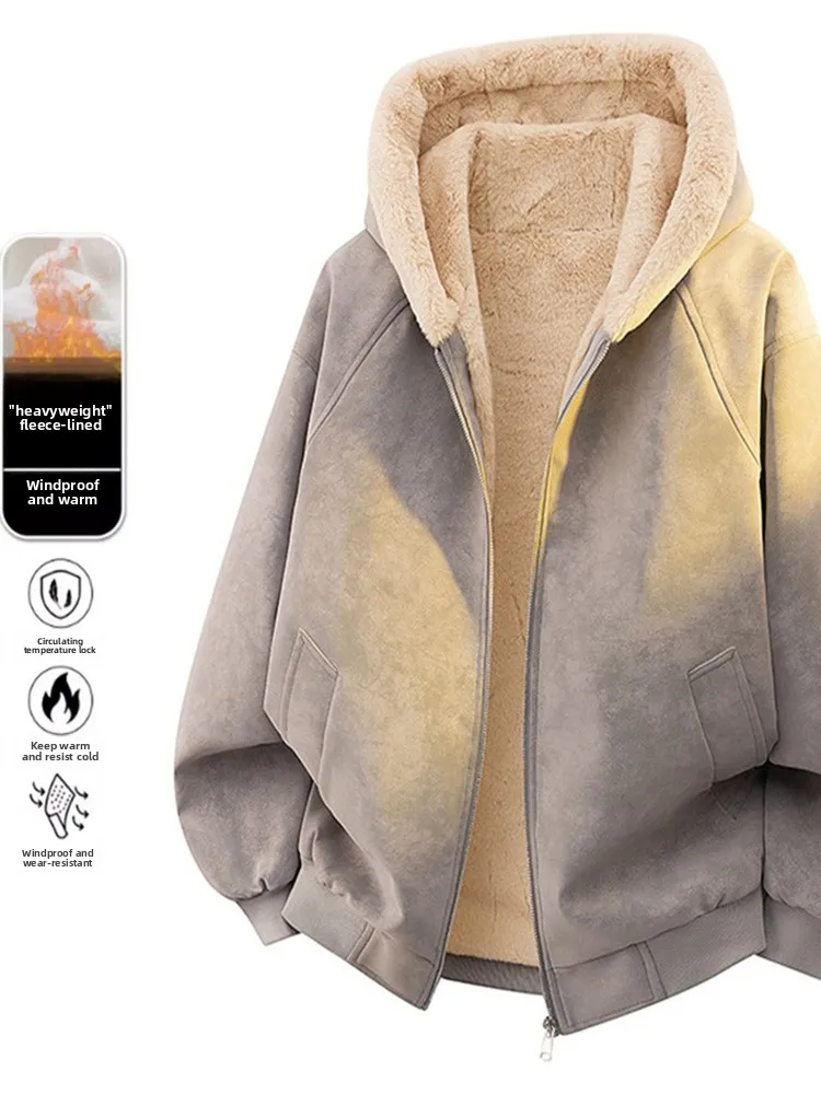 

Litchi Pattern PU Leather Cotton Jaet Men's American Retro Dyed Winter Fce Lined Warm Hooded Cotton Coat Leather Fur Int...