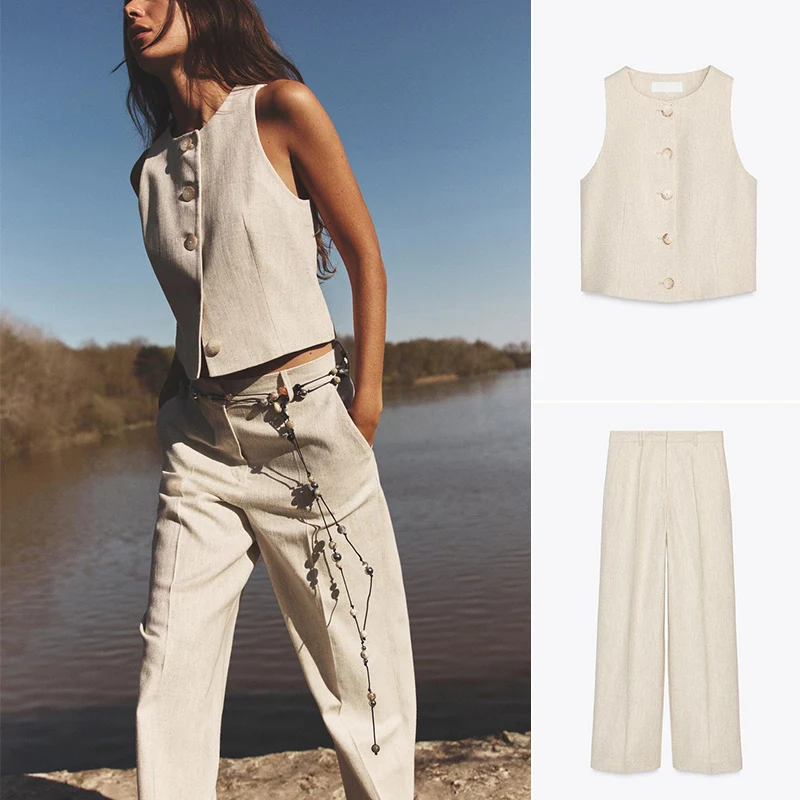 

High Waist Straight Leg Pants And Vest Set with round Ne ort Sve Human Ladder Pattern Summer Faion Women's Suit