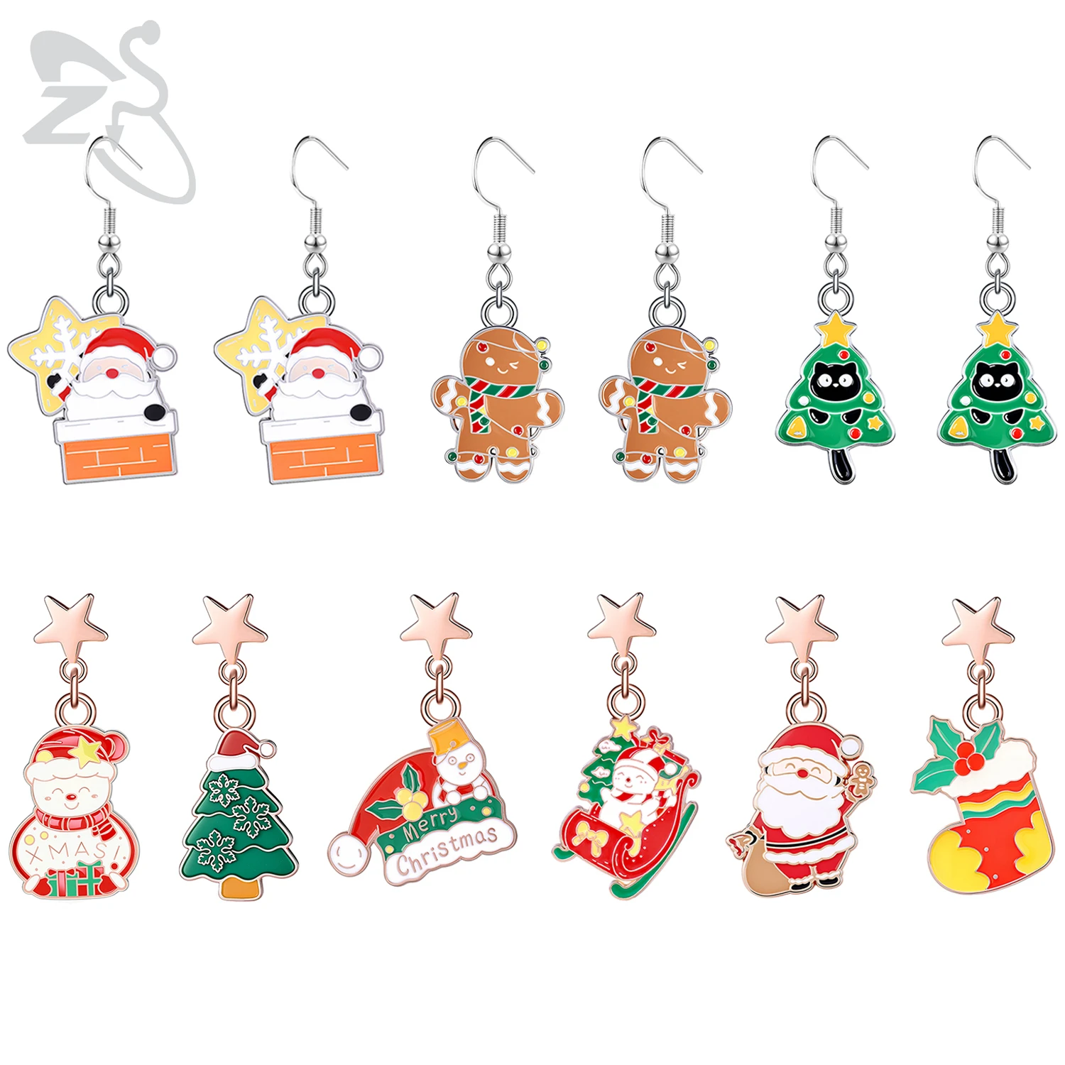 ZS 1 Pair Christmas Series Stainless Steel Stud Earring Cute Santa Gingerbread Man Pendant Earrings Hook Ear Piercings Jewelry