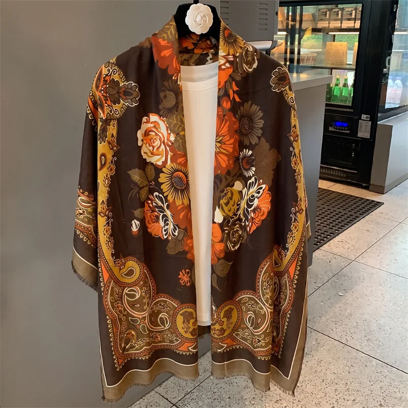 Vintage Satin Flower Print Shawl Women Soft Breathable Head Wrap Black Paisley Pattern Luxury Holiday Outfit All Match Premium