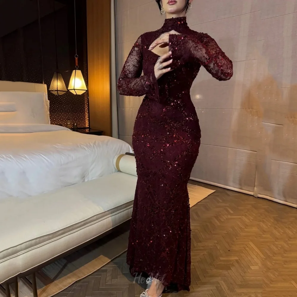 Meerjungfrau-Abendkleid mit Pailletten, Maßanfertigung, Langarm-Ballkleid, Hochgeschlossenes Partykleid, Vintage-Spitze فساتين سهرة
