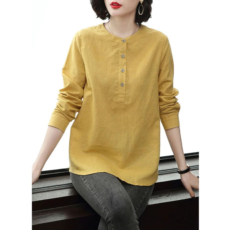 Women's Korean Fashion Vintage Simple Cotton Linen Tunic Blouse Casual Solid O Neck Shirt Long Sleeve Loose Tops Female Clothing