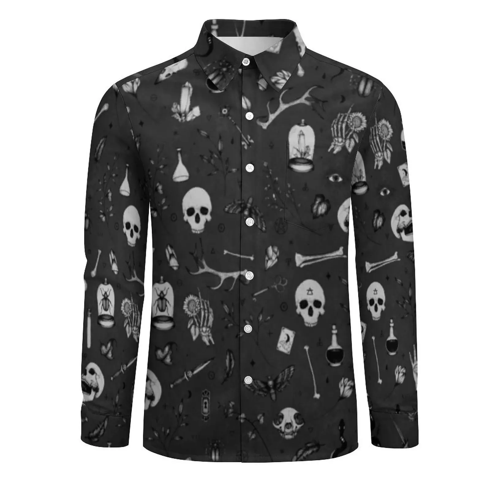 Gothic Art Print Casual Shirt Man Skull Dark Grey Witchy Fashion Shirt Autumn Retro Blouse Long Sleeve Custom DIY Oversized Top