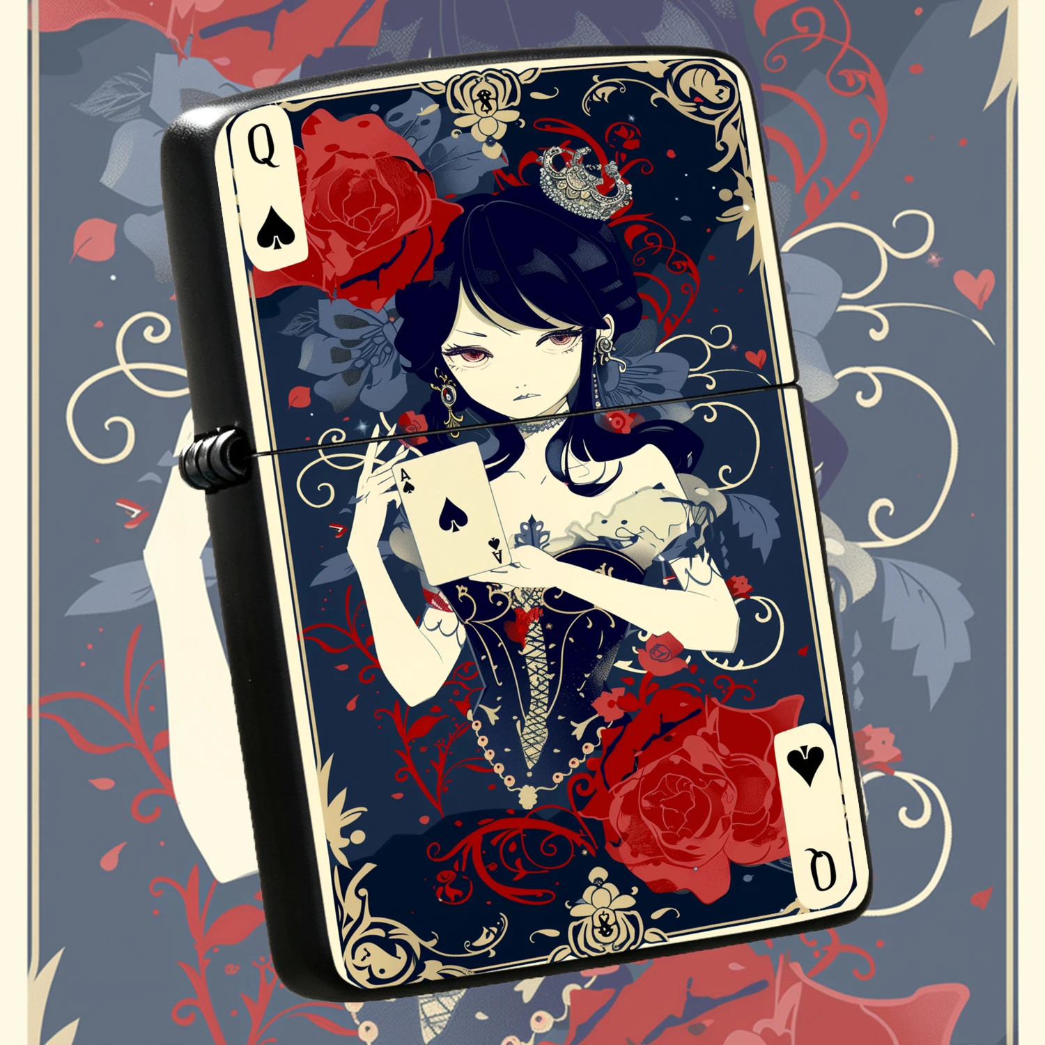 EnglishVintage Spade Themed, Exquisite Art Illustration Style with DIAMOND Inlaid Crown, BLACK Hair Red Eyes Lady Holding Spade A, Decorated with Red Rose and Scroll Patterns, Trendy Collectible Luxury Windproof PORTABLE, Ideal Gift for Men