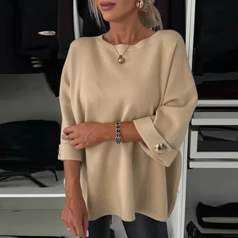 2024 Winter Fashion Button Loose Sweater Autumn Elegant O-neck Knitted Pullover Women Causal Long Sleeve Solid Color Jumper Tops