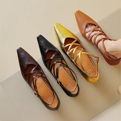 New Spring Summer Genuine Leather Women Shoes Square Toe Shallow Women Pumps Mary Jane Shoes for Women Straps Gladiator Shoes