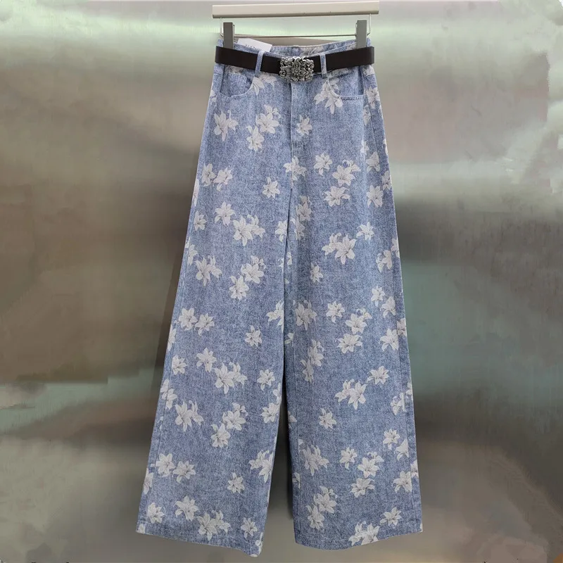WTHT 패션 프린트 스트레이트 청바지 여성용 새로운 트렌디 하이 웨이스트 벨트 디자인 와이드 레그 캐주얼 데님 바지 여성 1LS1945