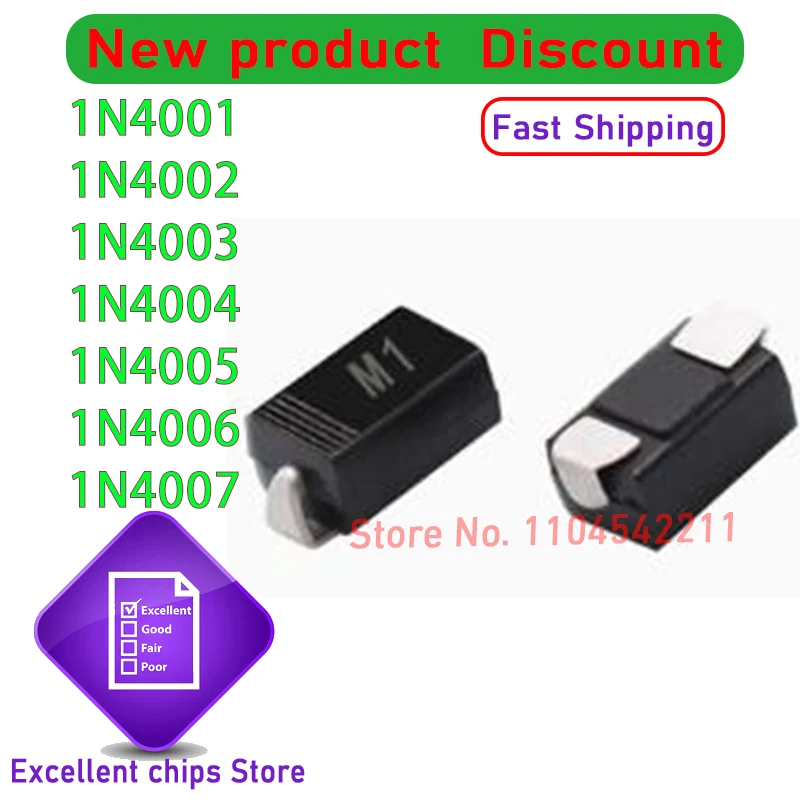 100% NEW 1N4001 1N4002 1N4003 1N4004 1N4005 1N4006 1N4007 IN4007 1A 45mm DO-41 Rectifier Diode 1000pcs/Box