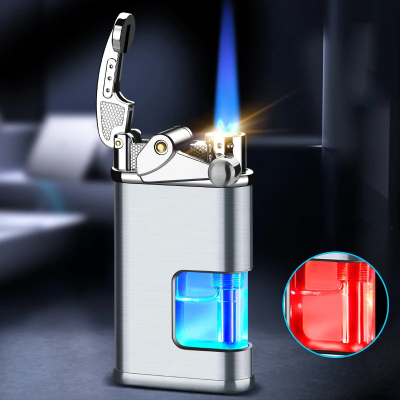 Windproof rocker inflatable lighter metal direct blue flame visible window ignition LED flash cigarette accessories men\'s gift