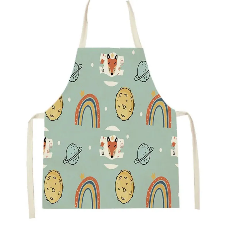 

Cute Cartoon Fox Rainbow Kitchen Apron for Women Men Space Planet Print Linen Cooking Baking Bib Household Cleaning Tablier Tool