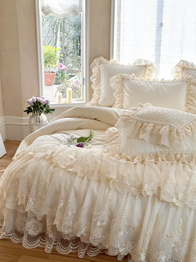 High-end Elegance Luxury Long-Staple Cotton Bedding Set,Princess Lace Edging Duvet Cover,Winter Warm Bedding Set for Girl's Room