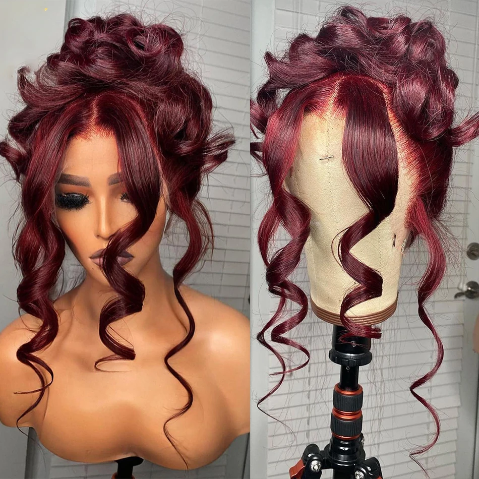 

99j Soft 26inch Long Body Wave Burgundy 180Density Lace Front Wig For Black Women Babyhair Preplucked Heat Resistant Glueless