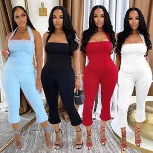 

Fitness Women's Set Sleeveless Halter Tops and Calf-Length Flare Pants 2025 Summer Two 2 Piece Sets Outfit Tracksuits
