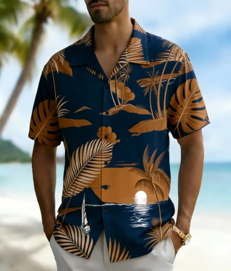 

Men's Premium Tropical Sunset Print Shirt, Luxury Casual Design for Summer Vacation, High-End Beachwear & Daily Style