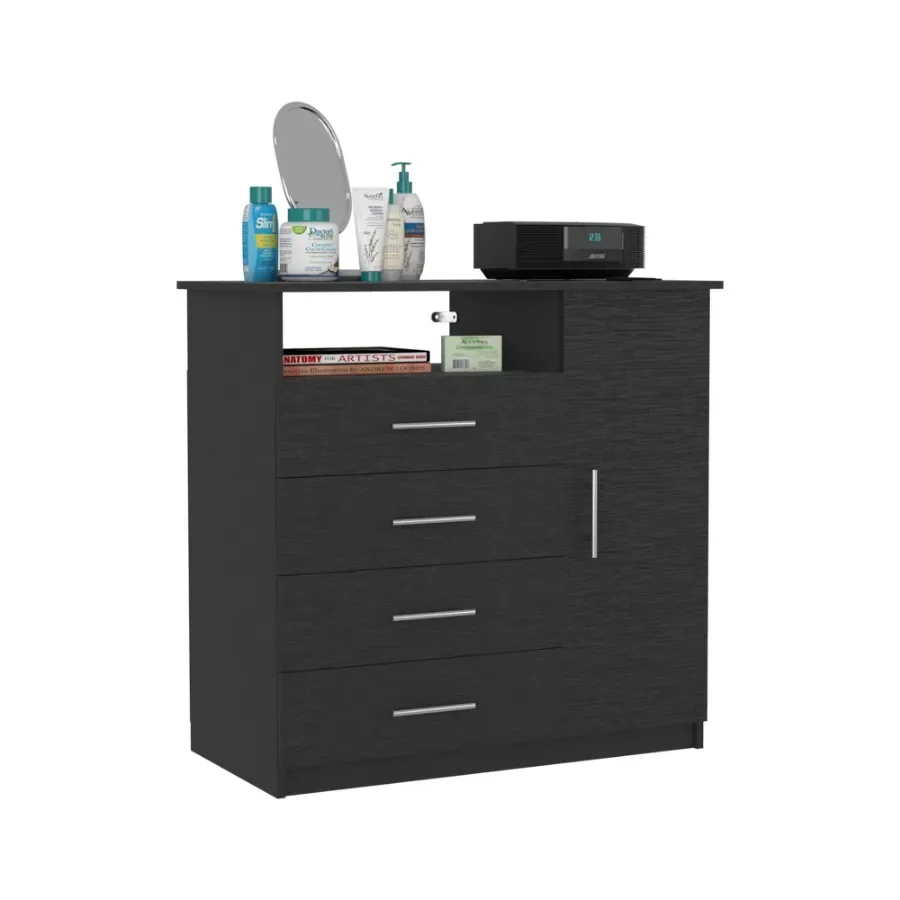 

4 Drawer Dresser One Open Shelf Superior Top Single Door Cabinet Black