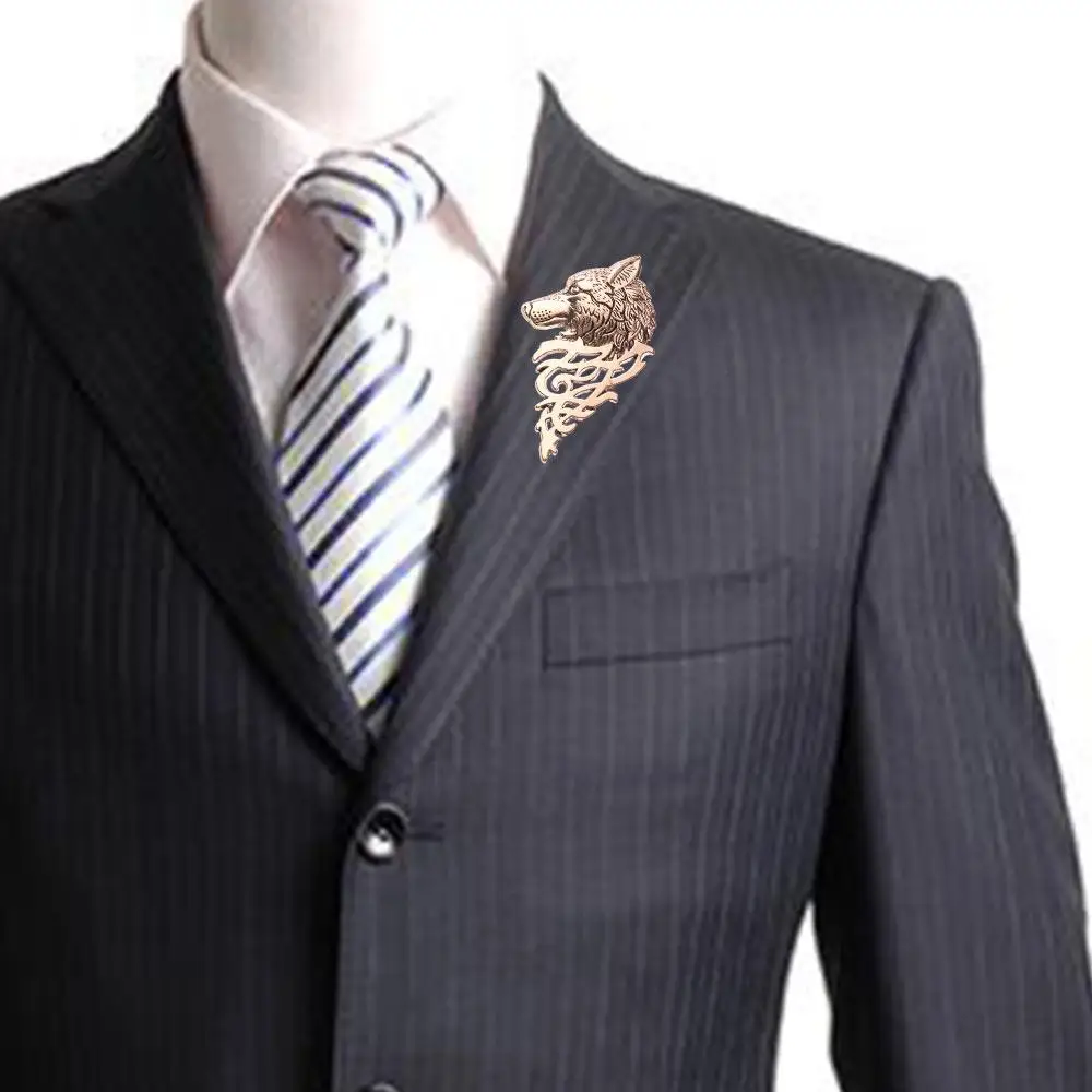 Retro Lovely Men Suit Accessory Metal Stick Black Viking Lapel Pin Badge Brooch Wolf Head