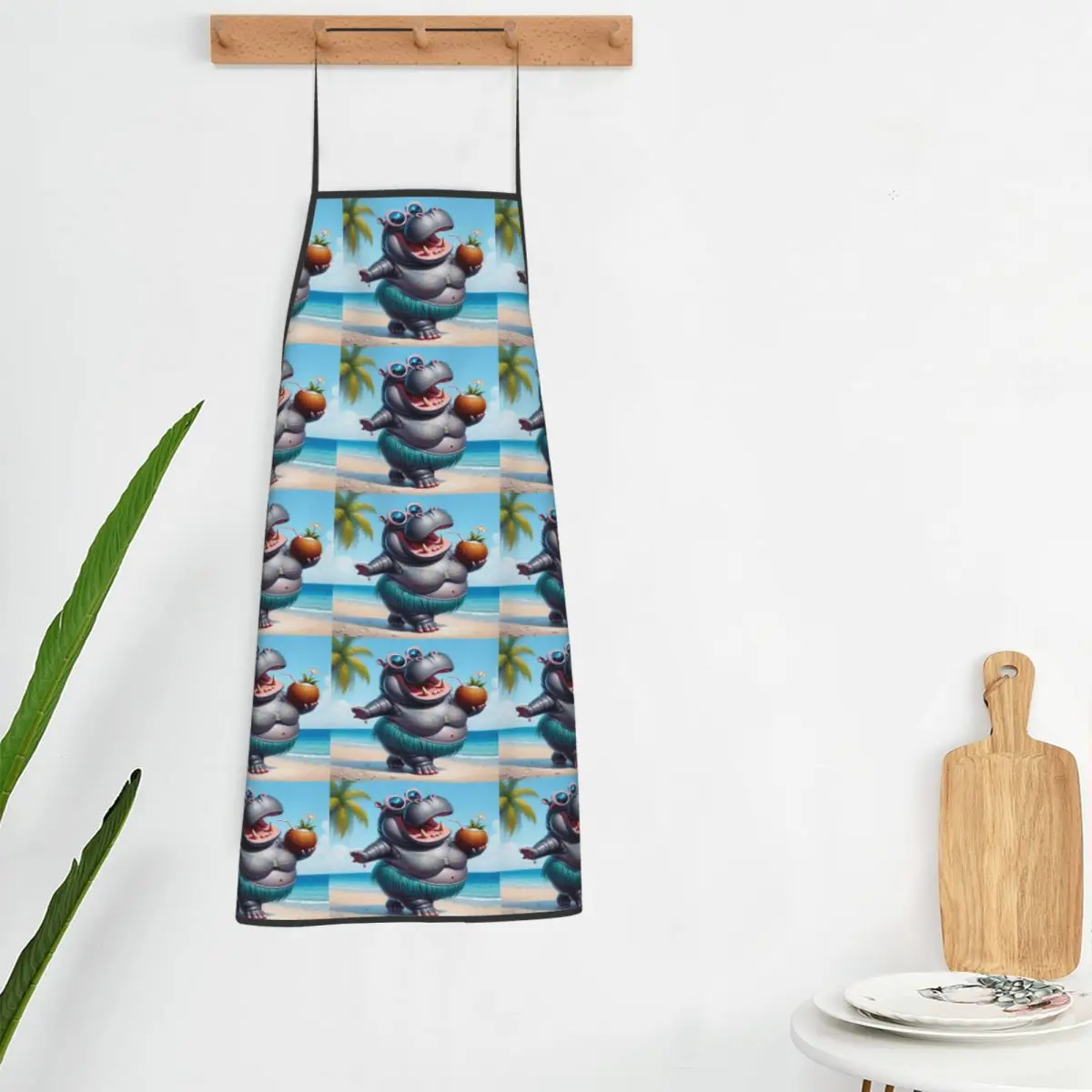 Fun Hippo With Tropical Beach Print 4 Apron Chef Cooking Baking Tablier Bib Kitchen Cleaning Pinafore for Women Men Gardening