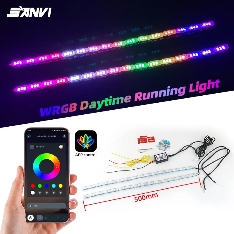 SANVI 12V WRGB Daytime Running Light Dynamic DRL with Flowing Turn Signal for Car Headlight LED DRL Car Light Auto Accessories