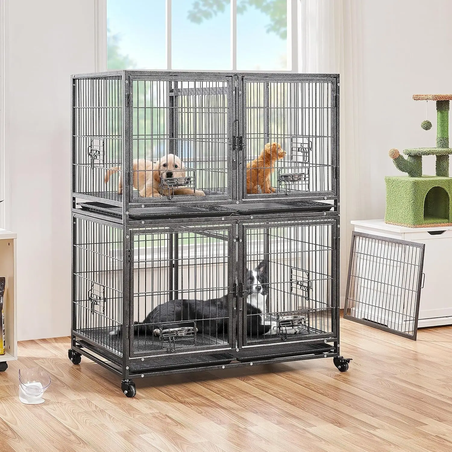 Dog Crate with Divider 43'' Rolling Heavy Duty Dog Cage with Open Top/ 2 Removable Trays for Small/Medium Dog, Double Story