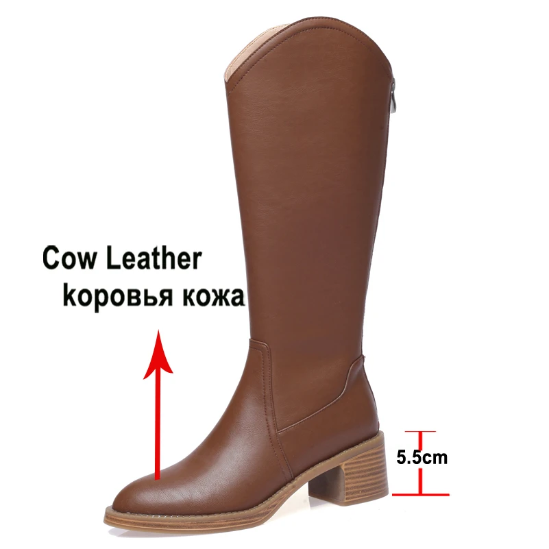 Meotina Women Genuine Leather Knee High Western Boots Round Toe Thick High Heel Zipper Ladies Long Boot Autumn Winter Shoes 40