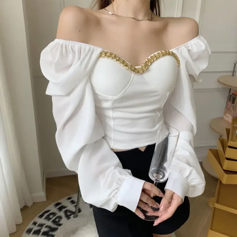 Korejepo One Word Shoulder Long Sleeved Shirt Autumn 2024 New Women Clothing Slim Fitting Thin Bottoming Shirt Design Top Ins