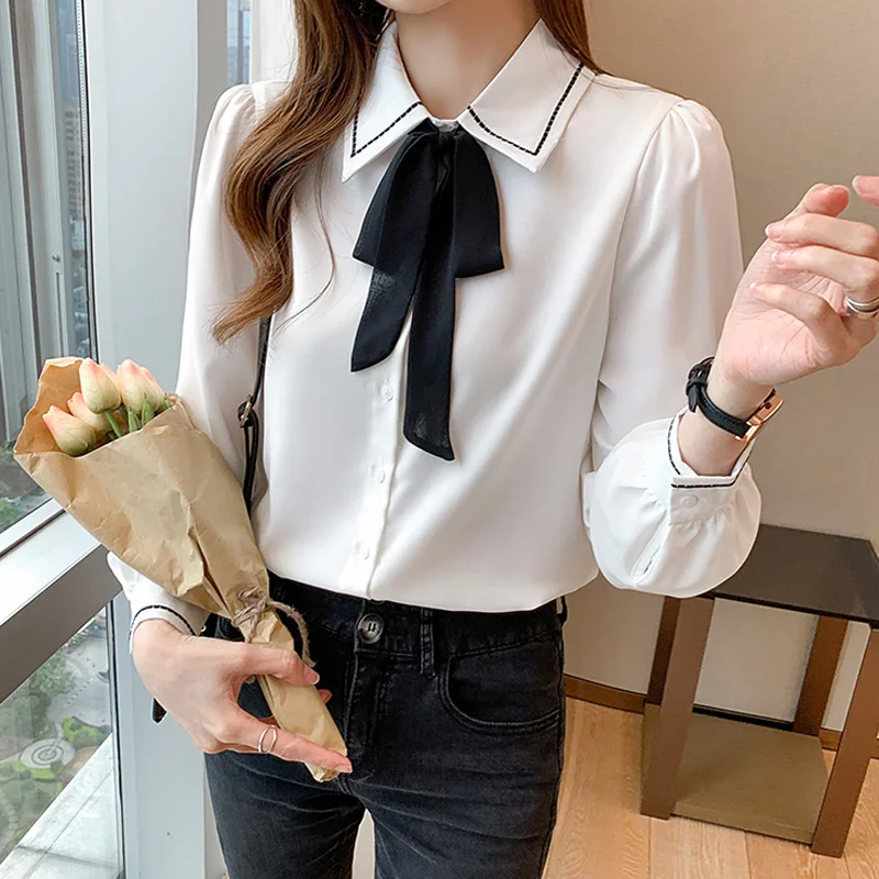 

Korean Women's Sweet Bowknot Casual Loose Shirt Tops Autumn Elegant Fashion Long Sleeve OL Work Vintage Blouses Blusas Mujer