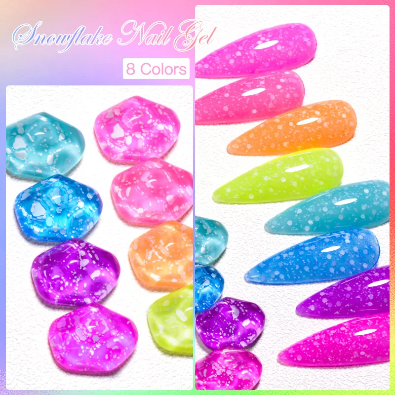 MSRUIOO 8ml Snowflake Gel Nail Polish Fluorescent Pink,with White Sequins and Snow Top Coat for DIY Nail Art HEMA/TPO FREE